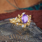 1.15 CT Delicate Leaf Accented 4 Prong Oval Shaped Amethyst Ring Sets